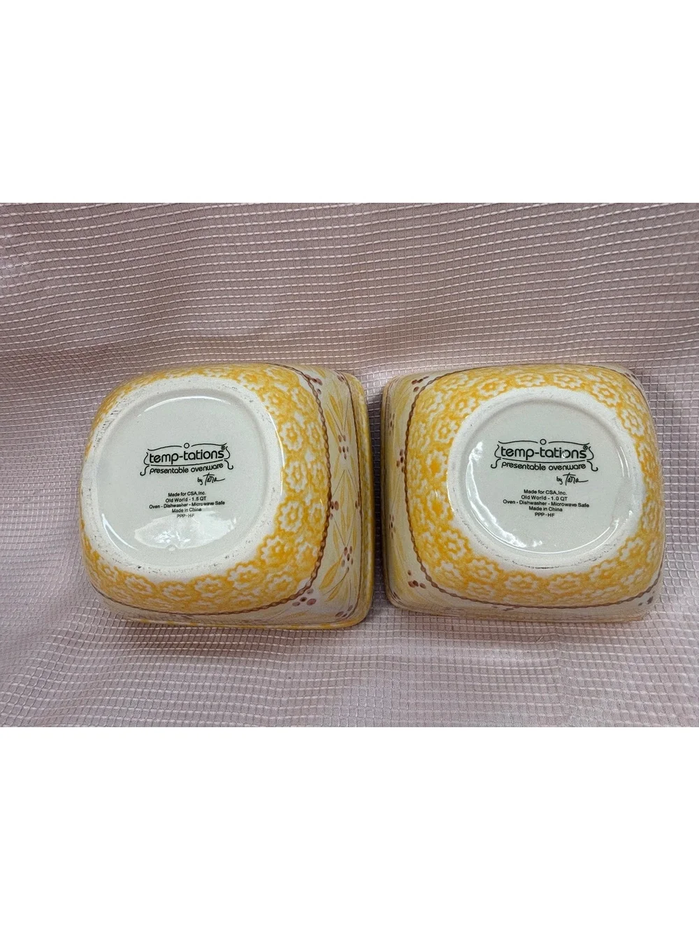 These are Temp-tations Old World Yellow square bowls 1-quart and 1.5-quart